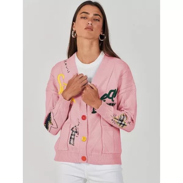 imageANRABESS Womens Cable Knit Long Sleeve Open Front Cardigan Sweaters Fashion Button Down Embroidery Outwear CoatsPink