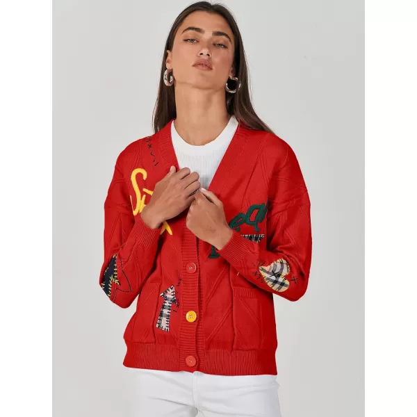 imageANRABESS Womens Cable Knit Long Sleeve Open Front Cardigan Sweaters Fashion Button Down Embroidery Outwear CoatsRed