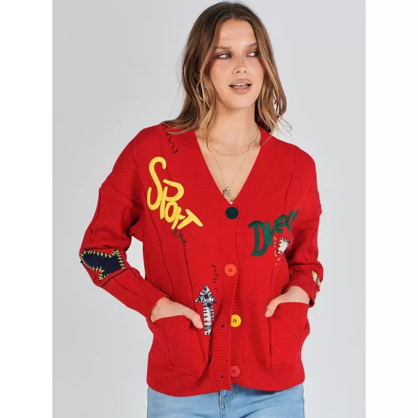 imageANRABESS Womens Cable Knit Long Sleeve Open Front Cardigan Sweaters Fashion Button Down Embroidery Outwear CoatsRed