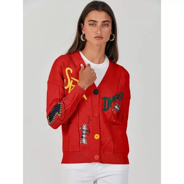imageANRABESS Womens Cable Knit Long Sleeve Open Front Cardigan Sweaters Fashion Button Down Embroidery Outwear CoatsRed