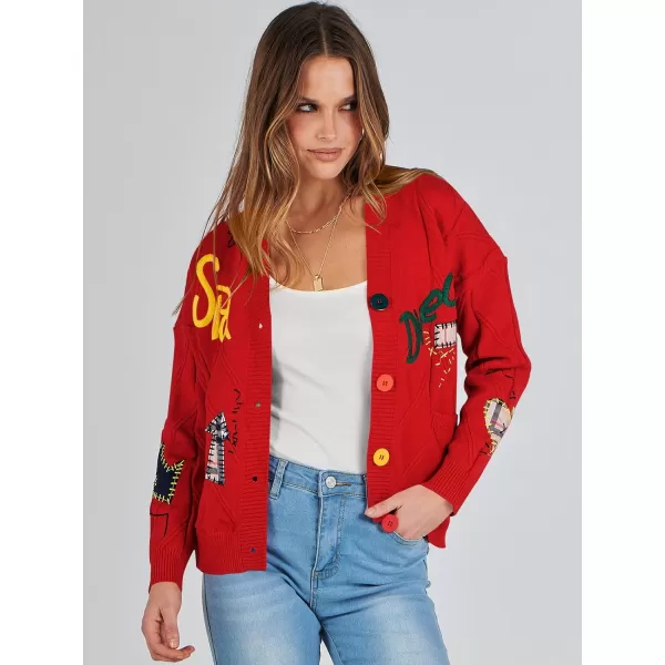 imageANRABESS Womens Cable Knit Long Sleeve Open Front Cardigan Sweaters Fashion Button Down Embroidery Outwear CoatsRed
