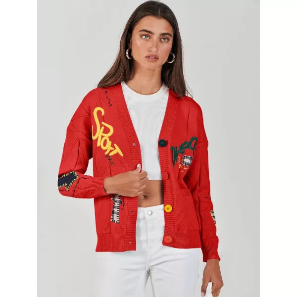 imageANRABESS Womens Cable Knit Long Sleeve Open Front Cardigan Sweaters Fashion Button Down Embroidery Outwear CoatsRed