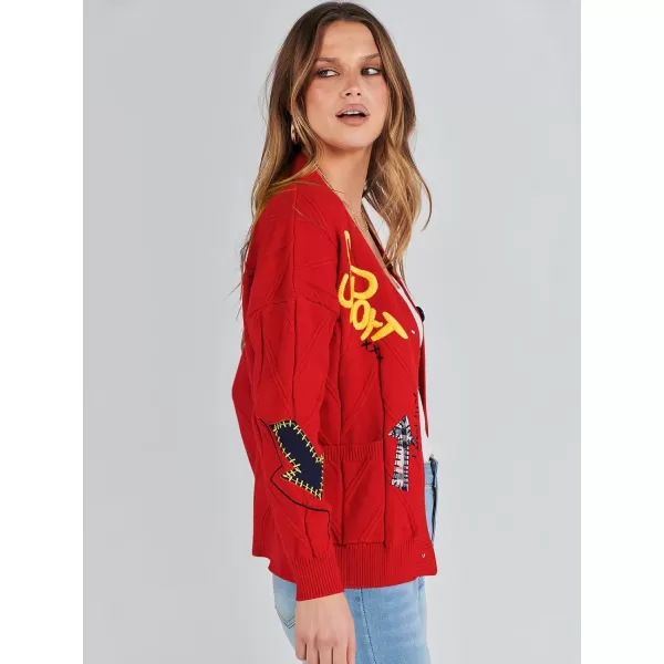 imageANRABESS Womens Cable Knit Long Sleeve Open Front Cardigan Sweaters Fashion Button Down Embroidery Outwear CoatsRed