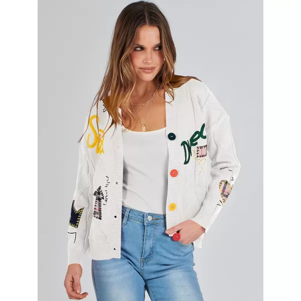 imageANRABESS Womens Cable Knit Long Sleeve Open Front Cardigan Sweaters Fashion Button Down Embroidery Outwear CoatsWhite