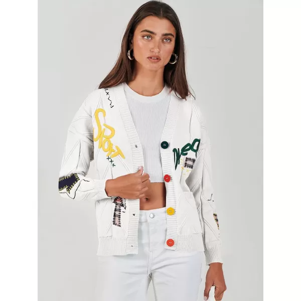 imageANRABESS Womens Cable Knit Long Sleeve Open Front Cardigan Sweaters Fashion Button Down Embroidery Outwear CoatsWhite
