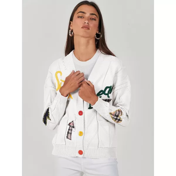 imageANRABESS Womens Cable Knit Long Sleeve Open Front Cardigan Sweaters Fashion Button Down Embroidery Outwear CoatsWhite