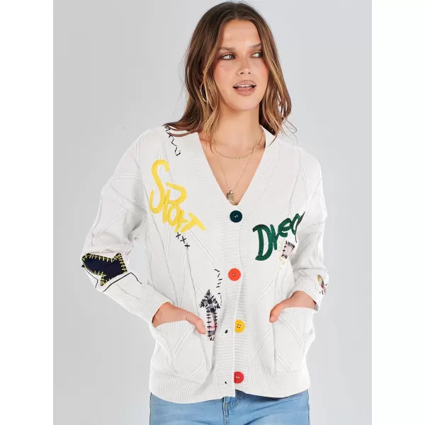 imageANRABESS Womens Cable Knit Long Sleeve Open Front Cardigan Sweaters Fashion Button Down Embroidery Outwear CoatsWhite