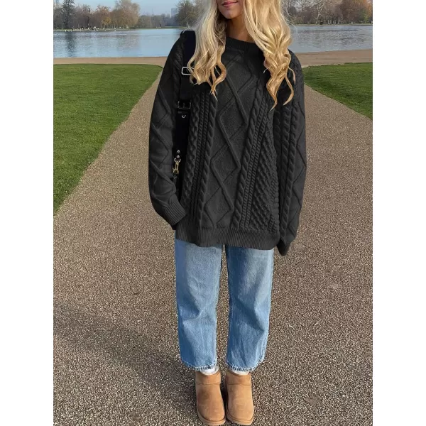 imageANRABESS Womens Cable Knit Sweater Winter Fashion Oversized Long Sleeve Crewneck Chunky Vintage Casual Loose Pullover TopsBlack