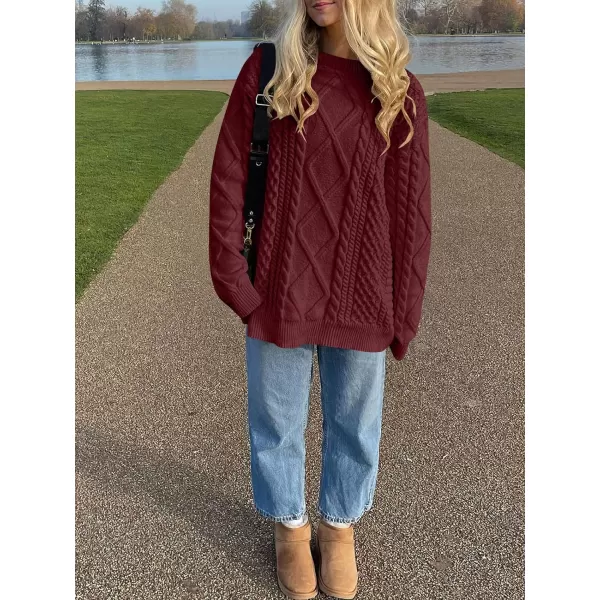 imageANRABESS Womens Cable Knit Sweater Winter Fashion Oversized Long Sleeve Crewneck Chunky Vintage Casual Loose Pullover TopsBurgundy