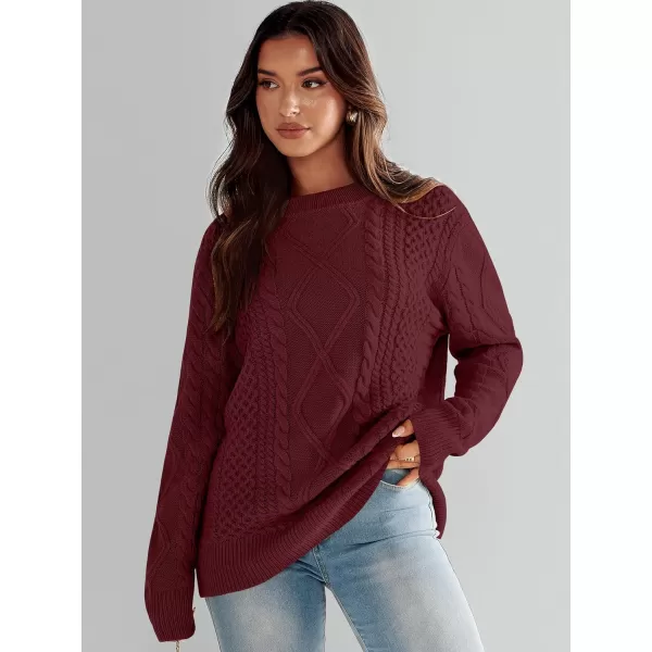 imageANRABESS Womens Cable Knit Sweater Winter Fashion Oversized Long Sleeve Crewneck Chunky Vintage Casual Loose Pullover TopsBurgundy