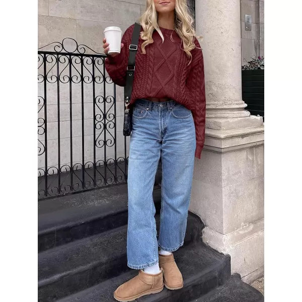 imageANRABESS Womens Cable Knit Sweater Winter Fashion Oversized Long Sleeve Crewneck Chunky Vintage Casual Loose Pullover TopsBurgundy
