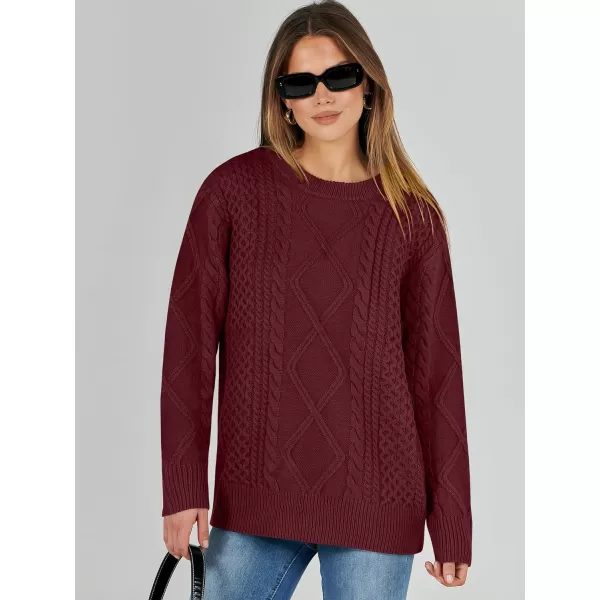 imageANRABESS Womens Cable Knit Sweater Winter Fashion Oversized Long Sleeve Crewneck Chunky Vintage Casual Loose Pullover TopsBurgundy