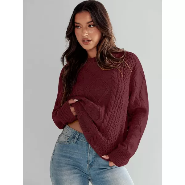 imageANRABESS Womens Cable Knit Sweater Winter Fashion Oversized Long Sleeve Crewneck Chunky Vintage Casual Loose Pullover TopsBurgundy