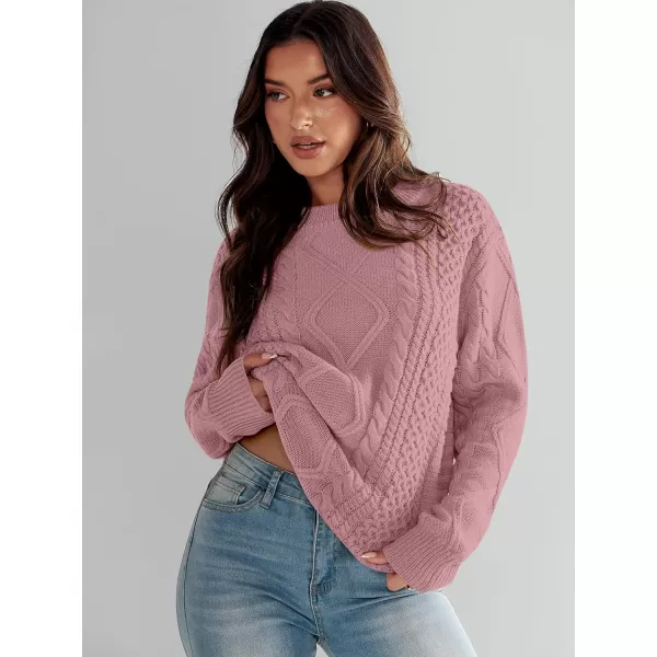 imageANRABESS Womens Cable Knit Sweater Winter Fashion Oversized Long Sleeve Crewneck Chunky Vintage Casual Loose Pullover TopsPink