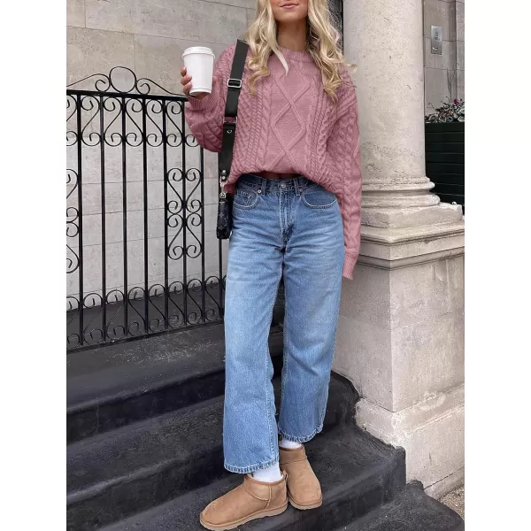 imageANRABESS Womens Cable Knit Sweater Winter Fashion Oversized Long Sleeve Crewneck Chunky Vintage Casual Loose Pullover TopsPink