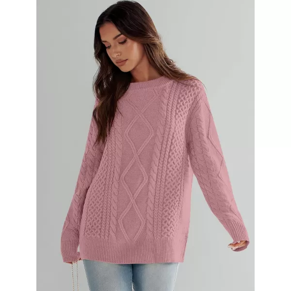 imageANRABESS Womens Cable Knit Sweater Winter Fashion Oversized Long Sleeve Crewneck Chunky Vintage Casual Loose Pullover TopsPink