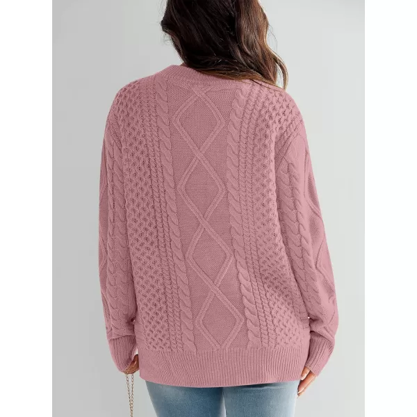 imageANRABESS Womens Cable Knit Sweater Winter Fashion Oversized Long Sleeve Crewneck Chunky Vintage Casual Loose Pullover TopsPink