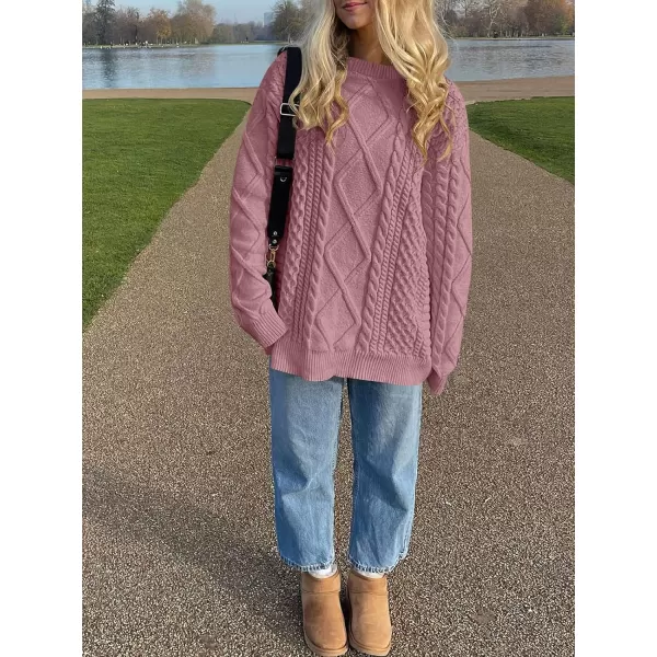 imageANRABESS Womens Cable Knit Sweater Winter Fashion Oversized Long Sleeve Crewneck Chunky Vintage Casual Loose Pullover TopsPink