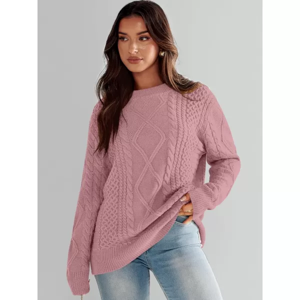 imageANRABESS Womens Cable Knit Sweater Winter Fashion Oversized Long Sleeve Crewneck Chunky Vintage Casual Loose Pullover TopsPink