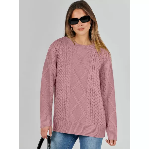 imageANRABESS Womens Cable Knit Sweater Winter Fashion Oversized Long Sleeve Crewneck Chunky Vintage Casual Loose Pullover TopsPink