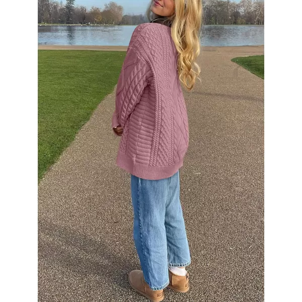 imageANRABESS Womens Cable Knit Sweater Winter Fashion Oversized Long Sleeve Crewneck Chunky Vintage Casual Loose Pullover TopsPink