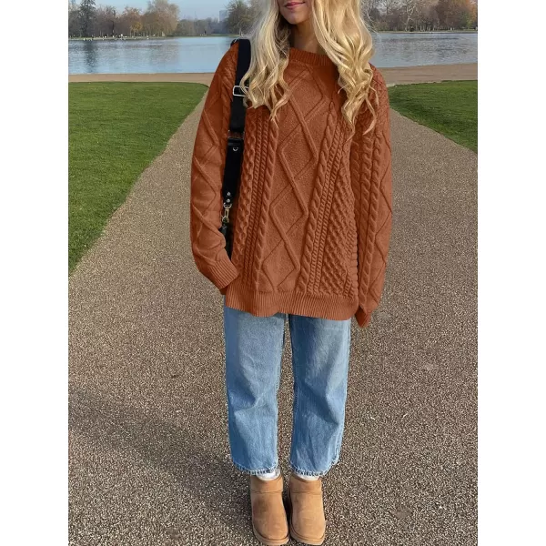 imageANRABESS Womens Cable Knit Sweater Winter Fashion Oversized Long Sleeve Crewneck Chunky Vintage Casual Loose Pullover TopsRust