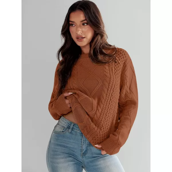 imageANRABESS Womens Cable Knit Sweater Winter Fashion Oversized Long Sleeve Crewneck Chunky Vintage Casual Loose Pullover TopsRust