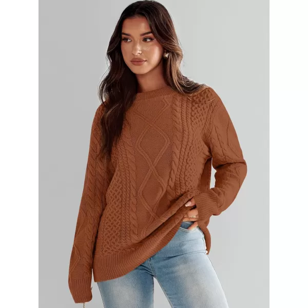 imageANRABESS Womens Cable Knit Sweater Winter Fashion Oversized Long Sleeve Crewneck Chunky Vintage Casual Loose Pullover TopsRust