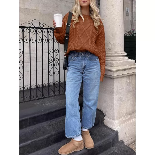 imageANRABESS Womens Cable Knit Sweater Winter Fashion Oversized Long Sleeve Crewneck Chunky Vintage Casual Loose Pullover TopsRust