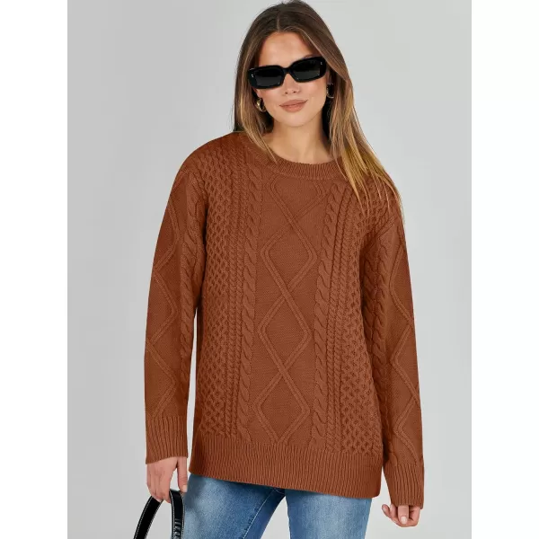imageANRABESS Womens Cable Knit Sweater Winter Fashion Oversized Long Sleeve Crewneck Chunky Vintage Casual Loose Pullover TopsRust