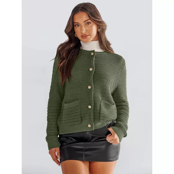 imageANRABESS Womens Cardigan Sweaters 2023 Fall Open Front Long Sleeve Button Down Chunky Knit Cropped Cardigans with PocketsArmy Green