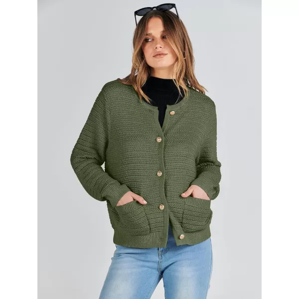 imageANRABESS Womens Cardigan Sweaters 2023 Fall Open Front Long Sleeve Button Down Chunky Knit Cropped Cardigans with PocketsArmy Green