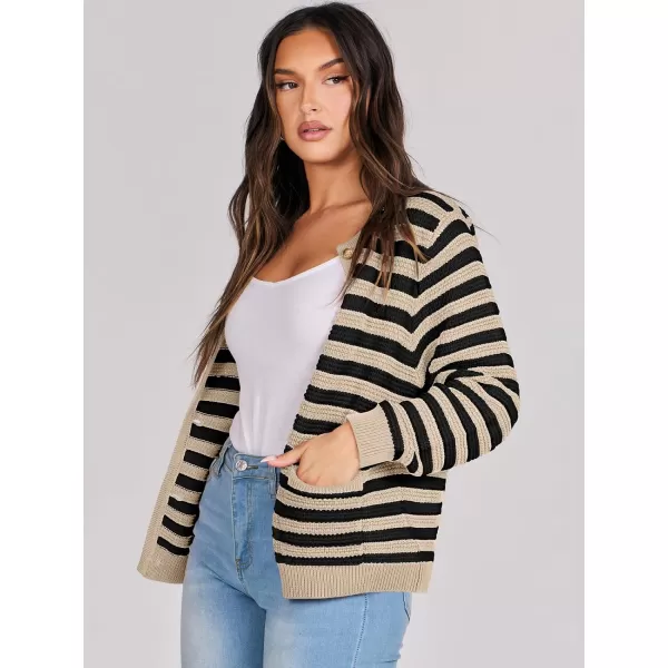 imageANRABESS Womens Cardigan Sweaters 2023 Fall Open Front Long Sleeve Button Down Chunky Knit Cropped Cardigans with PocketsBlack Apricot Strip
