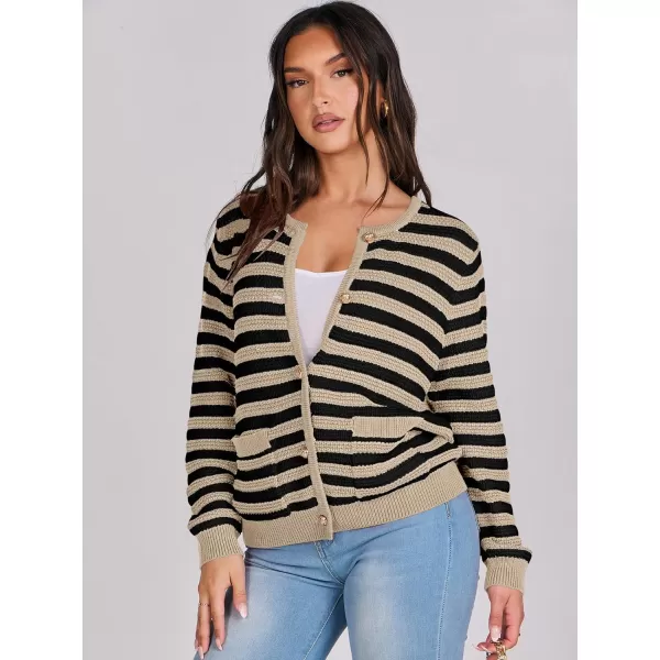 imageANRABESS Womens Cardigan Sweaters 2023 Fall Open Front Long Sleeve Button Down Chunky Knit Cropped Cardigans with PocketsBlack Apricot Strip