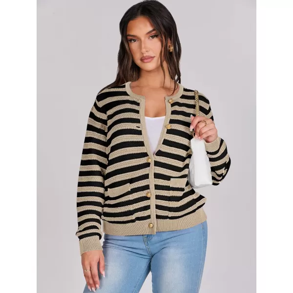 imageANRABESS Womens Cardigan Sweaters 2023 Fall Open Front Long Sleeve Button Down Chunky Knit Cropped Cardigans with PocketsBlack Apricot Strip