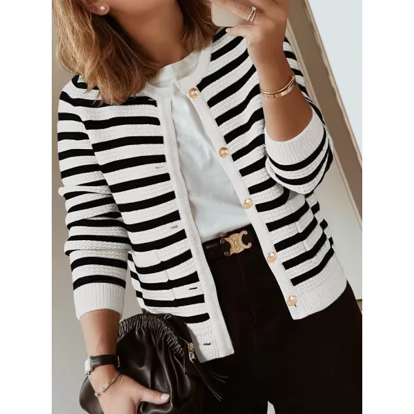 imageANRABESS Womens Cardigan Sweaters 2023 Fall Open Front Long Sleeve Button Down Chunky Knit Cropped Cardigans with PocketsBlack White Strip
