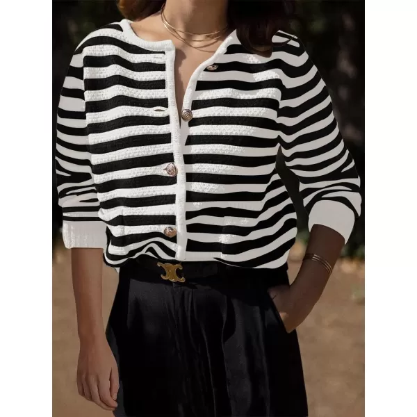 imageANRABESS Womens Cardigan Sweaters 2023 Fall Open Front Long Sleeve Button Down Chunky Knit Cropped Cardigans with PocketsBlack White Strip