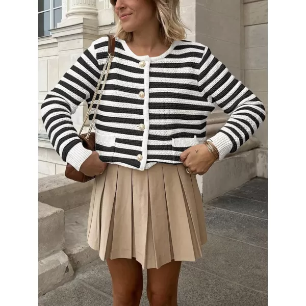 imageANRABESS Womens Cardigan Sweaters 2023 Fall Open Front Long Sleeve Button Down Chunky Knit Cropped Cardigans with PocketsBlack White Strip