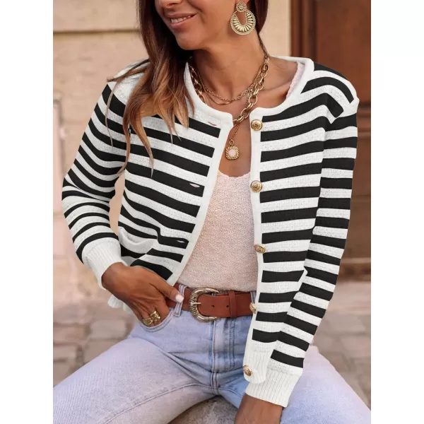 imageANRABESS Womens Cardigan Sweaters 2023 Fall Open Front Long Sleeve Button Down Chunky Knit Cropped Cardigans with PocketsBlack White Strip