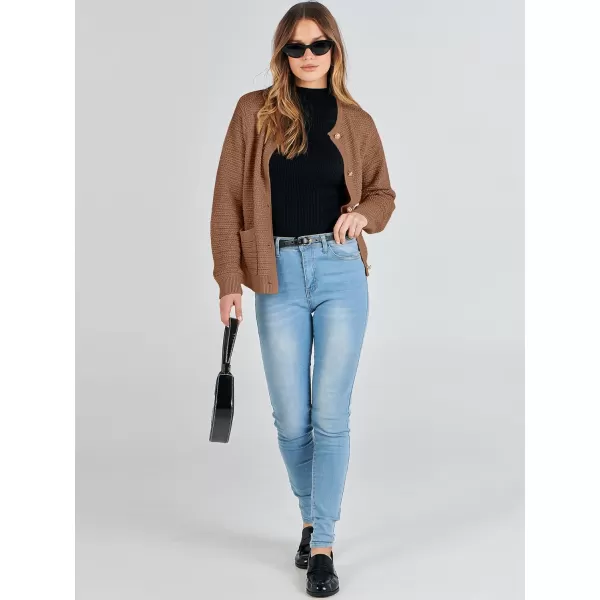 imageANRABESS Womens Cardigan Sweaters 2023 Fall Open Front Long Sleeve Button Down Chunky Knit Cropped Cardigans with PocketsBrown