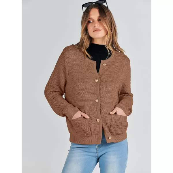 imageANRABESS Womens Cardigan Sweaters 2023 Fall Open Front Long Sleeve Button Down Chunky Knit Cropped Cardigans with PocketsBrown
