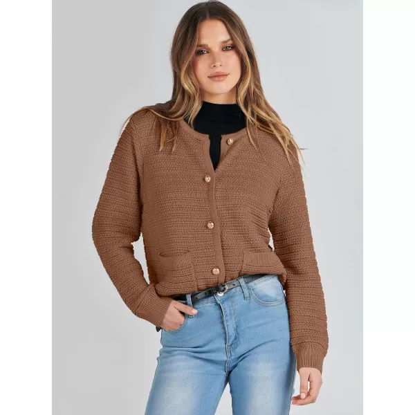 imageANRABESS Womens Cardigan Sweaters 2023 Fall Open Front Long Sleeve Button Down Chunky Knit Cropped Cardigans with PocketsBrown