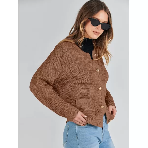 imageANRABESS Womens Cardigan Sweaters 2023 Fall Open Front Long Sleeve Button Down Chunky Knit Cropped Cardigans with PocketsBrown