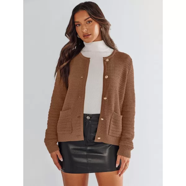 imageANRABESS Womens Cardigan Sweaters 2023 Fall Open Front Long Sleeve Button Down Chunky Knit Cropped Cardigans with PocketsBrown