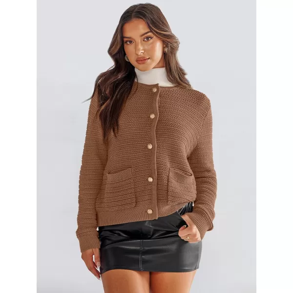 imageANRABESS Womens Cardigan Sweaters 2023 Fall Open Front Long Sleeve Button Down Chunky Knit Cropped Cardigans with PocketsBrown