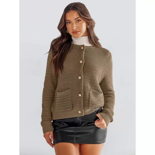 imageANRABESS Womens Cardigan Sweaters 2023 Fall Open Front Long Sleeve Button Down Chunky Knit Cropped Cardigans with PocketsDeep Khaki