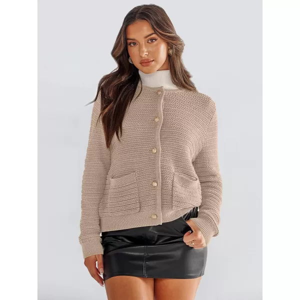 imageANRABESS Womens Cardigan Sweaters 2023 Fall Open Front Long Sleeve Button Down Chunky Knit Cropped Cardigans with PocketsKhaki