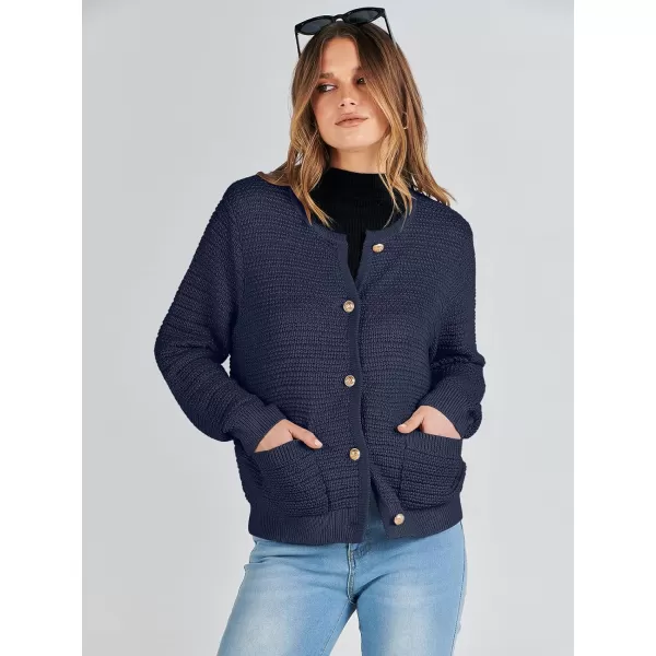 imageANRABESS Womens Cardigan Sweaters 2023 Fall Open Front Long Sleeve Button Down Chunky Knit Cropped Cardigans with PocketsNavy Blue