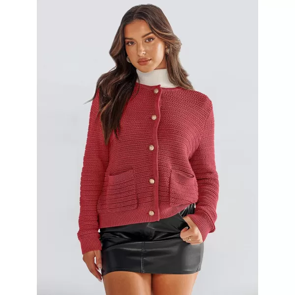 imageANRABESS Womens Cardigan Sweaters 2023 Fall Open Front Long Sleeve Button Down Chunky Knit Cropped Cardigans with PocketsRed