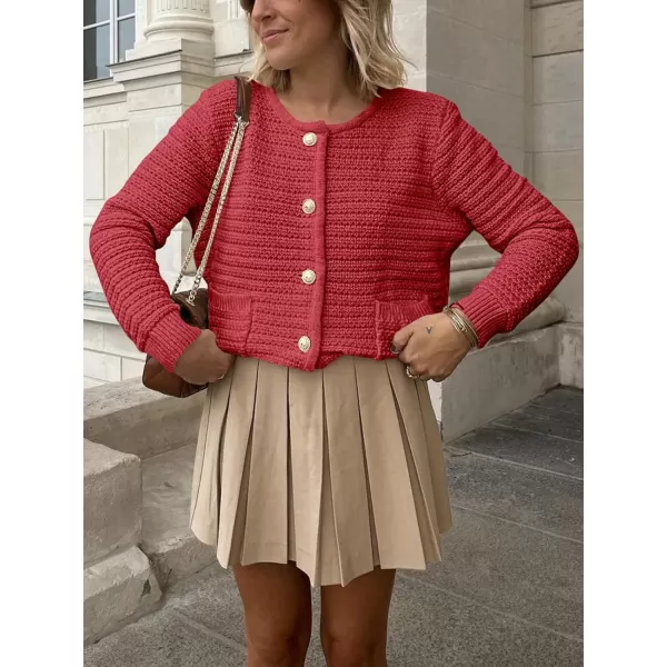imageANRABESS Womens Cardigan Sweaters 2023 Fall Open Front Long Sleeve Button Down Chunky Knit Cropped Cardigans with PocketsRed